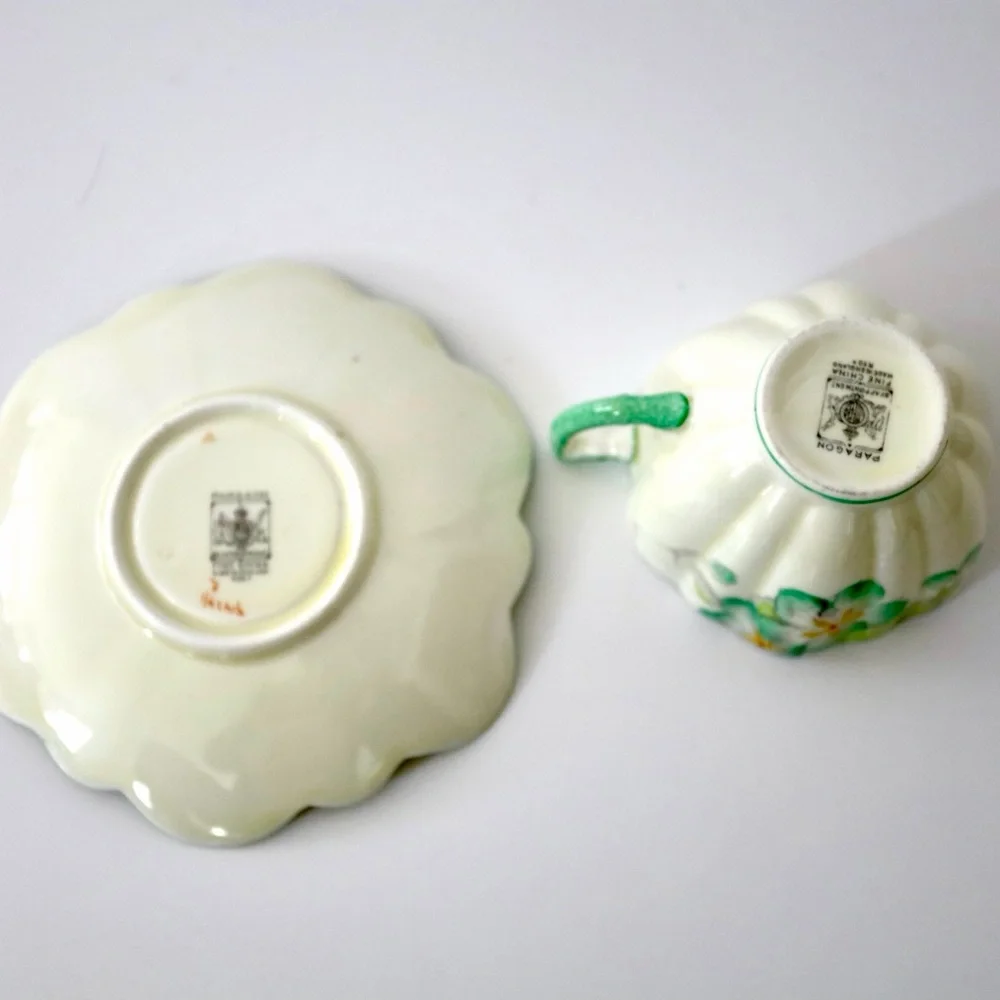 RARE 1930s Paragon Teacup & Saucer, Art Deco Vintage, Flower Shape, Green Flower
